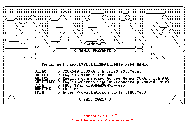 NFO for the release Punishment.Park.1971.iNTERNAL.BDRip.x264-MANiC by MANiC