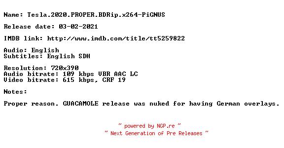 NFO for the release Tesla.2020.PROPER.BDRip.x264-PiGNUS by PiGNUS