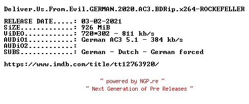 NFO for the release Deliver.Us.From.Evil.GERMAN.2020.AC3.BDRip.x264-ROCKEFELLER by ROCKEFELLER