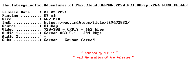 NFO for the release The.Intergalactic.Adventures.of.Max.Cloud.GERMAN.2020.AC3.BDRip.x264-ROCKEFELLER by ROCKEFELLER