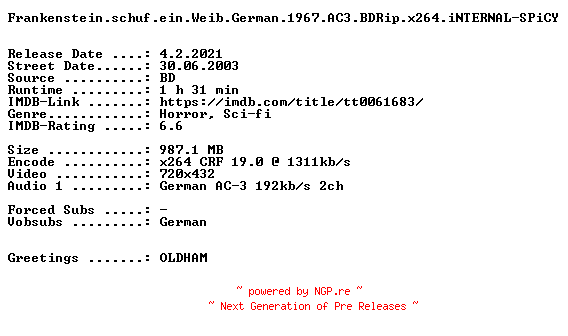 NFO for the release Frankenstein.schuf.ein.Weib.German.1967.AC3.BDRip.x264.iNTERNAL-SPiCY by SPiCY