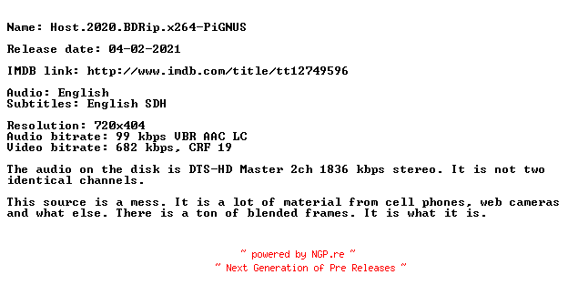 NFO for the release Host.2020.BDRip.x264-PiGNUS by PiGNUS