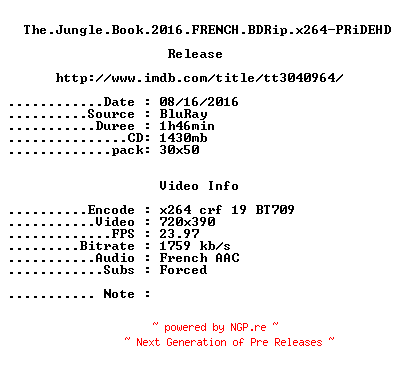 NFO for the release The.Jungle.Book.2016.FRENCH.BDRip.x264-PRiDEHD by PRiDEHD