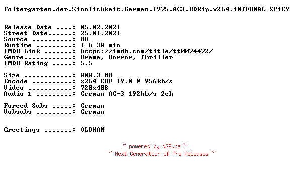 NFO for the release Foltergarten.der.Sinnlichkeit.German.1975.AC3.BDRip.x264.iNTERNAL-SPiCY by SPiCY
