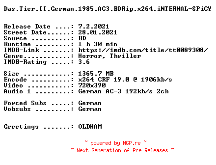 NFO for the release Das.Tier.II.German.1985.AC3.BDRip.x264.iNTERNAL-SPiCY by SPiCY