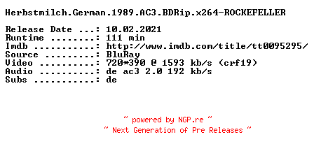 NFO for the release Herbstmilch.German.1989.AC3.BDRip.x264-ROCKEFELLER by ROCKEFELLER