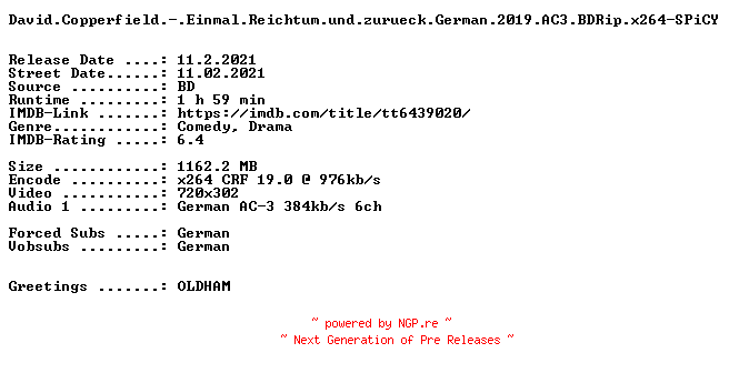 NFO for the release David.Copperfield.-.Einmal.Reichtum.und.zurueck.German.2019.AC3.BDRip.x264-SPiCY by SPiCY