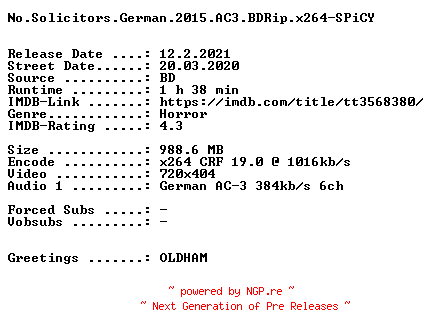 NFO for the release No.Solicitors.German.2015.AC3.BDRip.x264-SPiCY by SPiCY