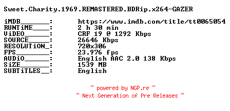 NFO for the release Sweet.Charity.1969.REMASTERED.BDRip.x264-GAZER by GAZER