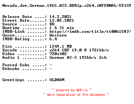 NFO for the release Nevada.Joe.German.1965.AC3.BDRip.x264.iNTERNAL-SPiCY by SPiCY