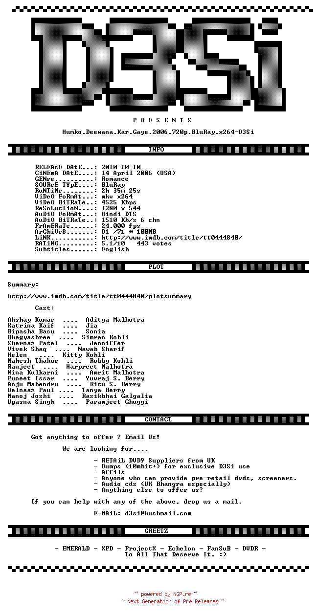 NFO for the release Humko.Deewana.Kar.Gaye.2006.720p.BluRay.x264-D3Si by D3Si