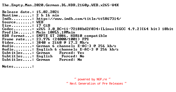 NFO for the release The.Empty.Man.2020.German.DL.HDR.2160p.WEB.x265-W4K by W4K