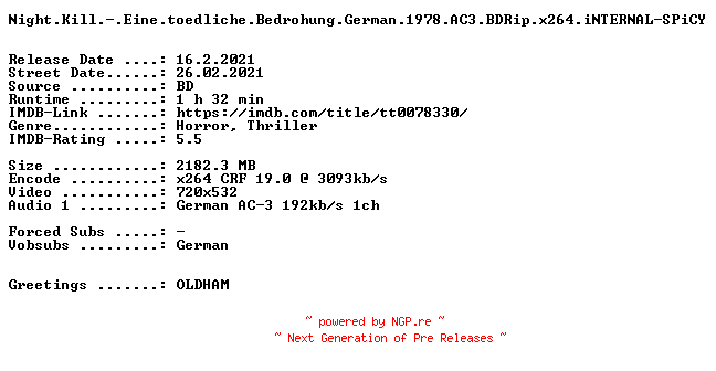 NFO for the release Night.Kill.-.Eine.toedliche.Bedrohung.German.1978.AC3.BDRip.x264.iNTERNAL-SPiCY by SPiCY