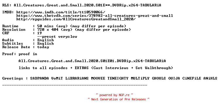 NFO for the release All.Creatures.Great.and.Small.2020.S01.EXTRAS.DVDRip.x264-TABULARiA by TABULARiA