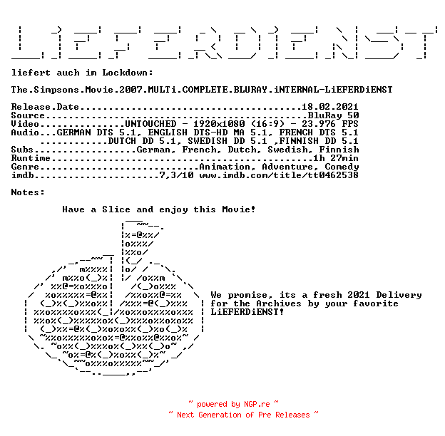 NFO for the release The.Simpsons.Movie.2007.MULTi.COMPLETE.BLURAY.iNTERNAL-LiEFERDiENST by LiEFERDiENST