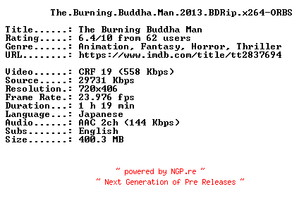 NFO for the release The.Burning.Buddha.Man.2013.BDRip.x264-ORBS by ORBS