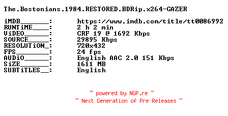 NFO for the release The.Bostonians.1984.RESTORED.BDRip.x264-GAZER by GAZER