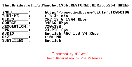 NFO for the release The.Brides.of.Fu.Manchu.1966.RESTORED.BDRip.x264-GAZER by GAZER