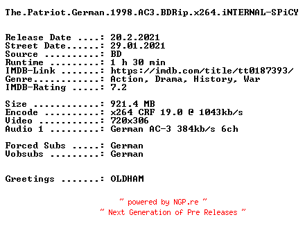 NFO for the release The.Patriot.German.1998.AC3.BDRip.x264.iNTERNAL-SPiCY by SPiCY