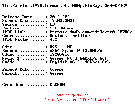 NFO for the release The.Patriot.1998.German.DL.1080p.BluRay.x264.NFOFiX-SPiCY by SPiCY