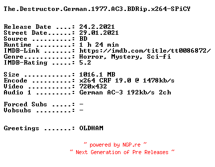 NFO for the release The.Destructor.German.1977.AC3.BDRip.x264-SPiCY by SPiCY