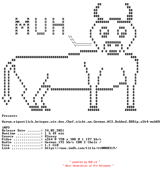 NFO for the release Warum.eigentlich.bringen.wir.den.Chef.nicht.um.German.AC3.Dubbed.BDRip.x264-muhHD by muhHD