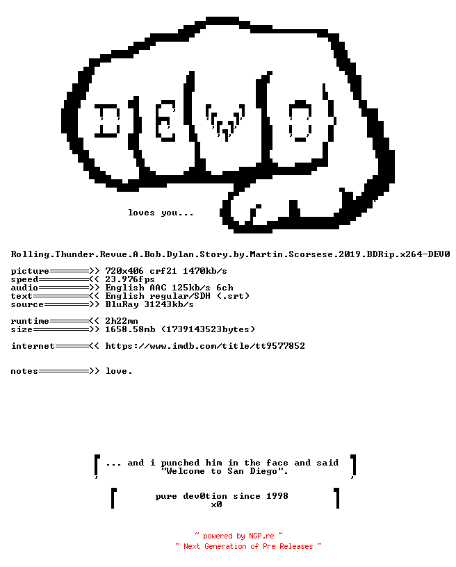 NFO for the release Rolling.Thunder.Revue.A.Bob.Dylan.Story.by.Martin.Scorsese.2019.BDRip.x264-DEV0 by DEV0