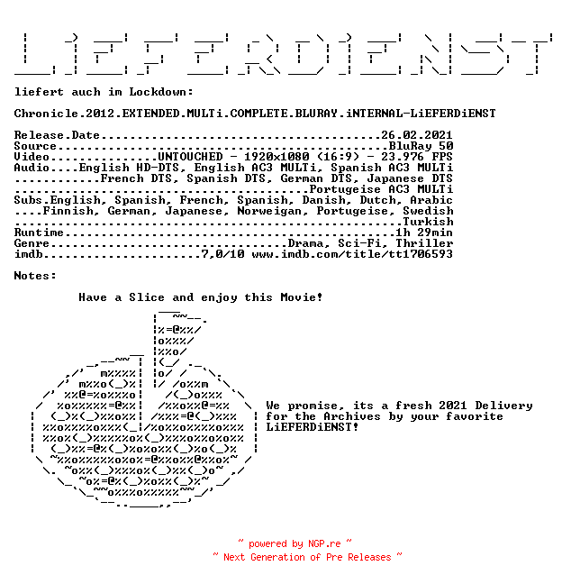 NFO for the release Chronicle.2012.EXTENDED.MULTi.COMPLETE.BLURAY.iNTERNAL-LiEFERDiENST by LiEFERDiENST
