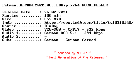 NFO for the release Fatman.GERMAN.2020.AC3.BDRip.x264-ROCKEFELLER by ROCKEFELLER