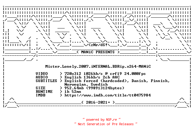NFO for the release Mister.Lonely.2007.iNTERNAL.BDRip.x264-MANiC by MANiC