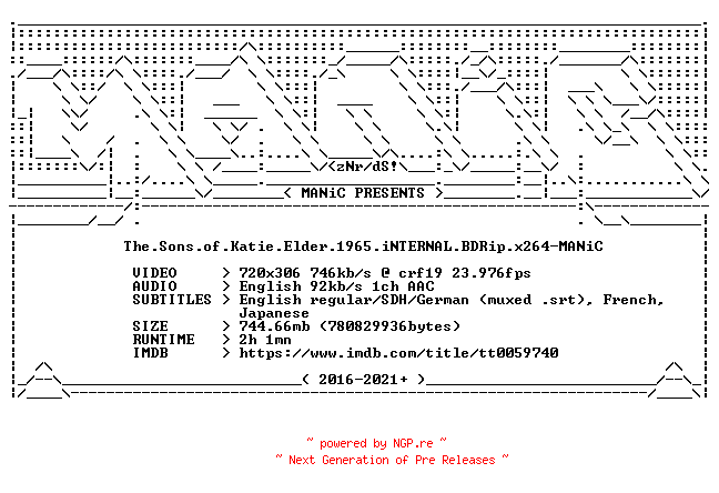 NFO for the release The.Sons.of.Katie.Elder.1965.iNTERNAL.BDRip.x264-MANiC by MANiC