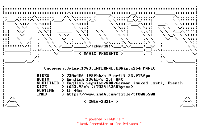 NFO for the release Uncommon.Valor.1983.iNTERNAL.BDRip.x264-MANiC by MANiC