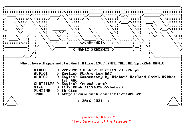 NFO for the release What.Ever.Happened.to.Aunt.Alice.1969.iNTERNAL.BDRip.x264-MANiC by MANiC