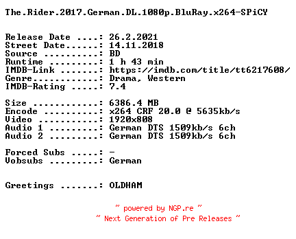 NFO for the release The.Rider.2017.German.DL.1080p.BluRay.x264.NFOFiX-SPiCY by SPiCY