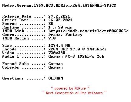 NFO for the release Medea.German.1969.AC3.BDRip.x264.iNTERNAL-SPiCY by SPiCY