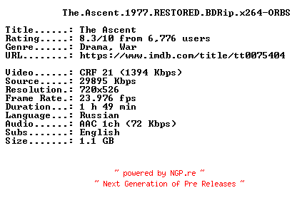 NFO for the release The.Ascent.1977.RESTORED.BDRip.x264-ORBS by ORBS