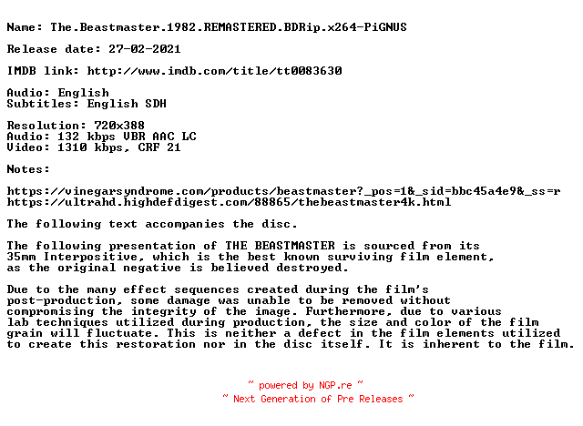 NFO for the release The.Beastmaster.1982.REMASTERED.BDRip.x264-PiGNUS by PiGNUS