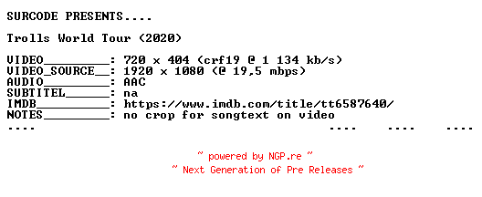 NFO for the release Trolls.World.Tour.2020.Dance.Party.Mode.BDRip.BluRay.x264-SURCODE by SURCODE