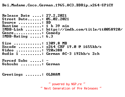 NFO for the release Bei.Madame.Coco.German.1965.AC3.BDRip.x264-SPiCY by SPiCY