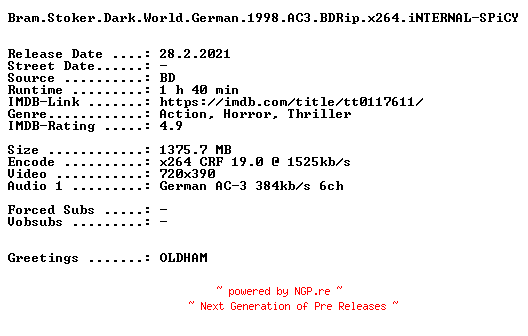 NFO for the release Bram.Stoker.Dark.World.German.1998.AC3.BDRip.x264.iNTERNAL-SPiCY by SPiCY
