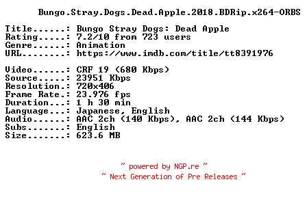 NFO for the release Bungo.Stray.Dogs.Dead.Apple.2018.BDRip.x264-ORBS by ORBS