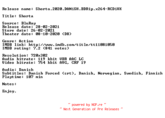 NFO for the release Shorta.2020.DANiSH.BDRip.x264-RCDiVX by RCDiVX