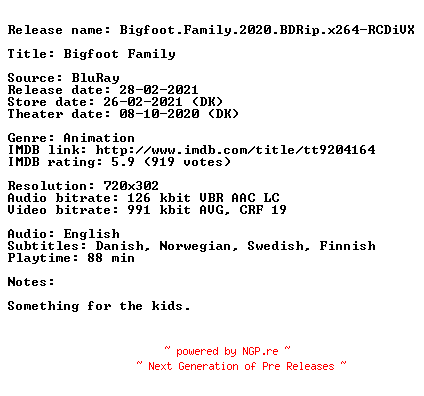 NFO for the release Bigfoot.Family.2020.BDRip.x264-RCDiVX by RCDiVX