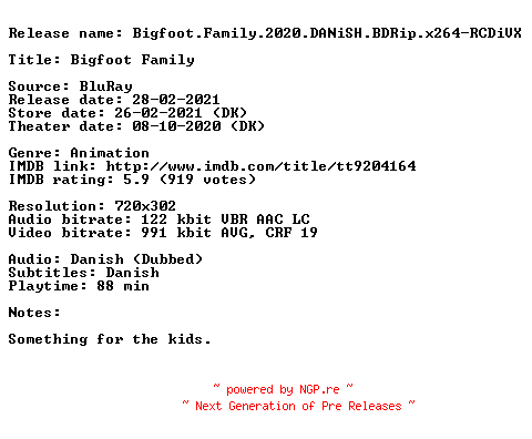 NFO for the release Bigfoot.Family.2020.DANiSH.BDRip.x264-RCDiVX by RCDiVX