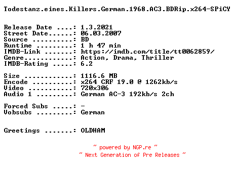 NFO for the release Todestanz.eines.Killers.German.1968.AC3.BDRip.x264-SPiCY by SPiCY