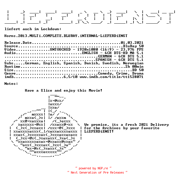 NFO for the release Horns.2013.MULTi.COMPLETE.BLURAY.iNTERNAL-LiEFERDiENST by LiEFERDiENST