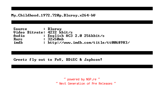 NFO for the release My.Childhood.1972.720p.Bluray.x264-hV by hV