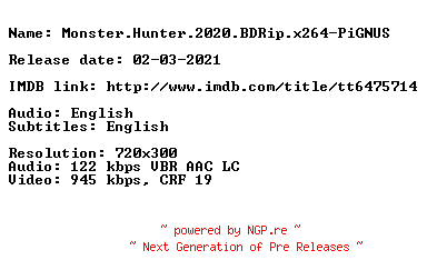 NFO for the release Monster.Hunter.2020.BDRip.x264-PiGNUS by PiGNUS