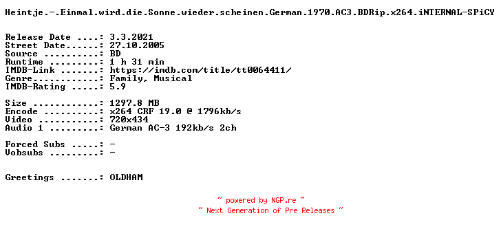 NFO for the release Heintje.-.Einmal.wird.die.Sonne.wieder.scheinen.German.1970.AC3.BDRip.x264.iNTERNAL-SPiCY by SPiCY