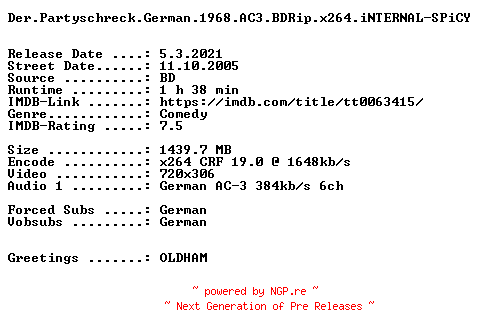 NFO for the release Der.Partyschreck.German.1968.AC3.BDRip.x264.iNTERNAL-SPiCY by SPiCY